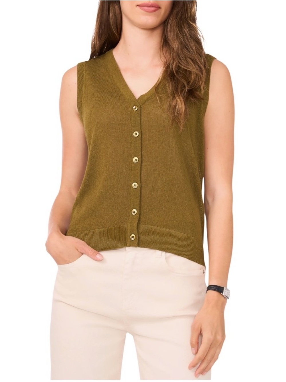 Halogen Olive Green Sleeveless Button-Front Sweater Vest Size M